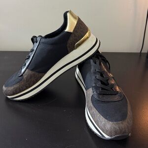 Michael Kors Signature Print Dark Brown/Black & Gold Accent Sneakers